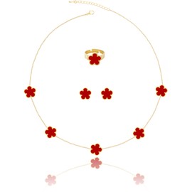 Gold Plated Five Leaf Clover Necklace Rings and Stud Earrings Set for Women Lucky Flower Jewelry (Red-14K Gold Plated)