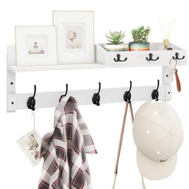 Homode Shelf with Hooks, 26" Coat Rack Wall Mount with Shelf, Entryway Floating Shelf with Key Hooks and Mail Holder, Hanging Coat Hanger for Entry, Bathroom, Hallway, Bedroom, White