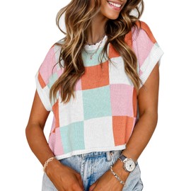 WIFFGO Womens Tops Crop Sweaters Vest Tank Color Block Cap Sleeve Crew Neck Going Out Loose Flowy Trendy Tops for Women Pink