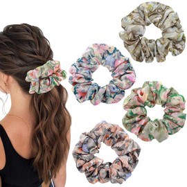Jewemia Hair Scrunchies Floral Hair Ties Satin Hair Ropes Ponytail Holder Cute Hair Accessories for Women and Girls 5Pcs (Floral)