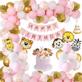 Jungle Birthday Decoration Girls, Pink Safari Birthday Decoration, Children's Birthday Decoration Safari Animal Balloons, Happy Birthday Banner Decoration for Girls, Forest Animals Balloons, 1-5