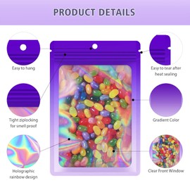 100 Pieces Resealable Mylar Bags, Smell Proof Bags with Clear Window for Food Storage Party Favor Packaging Small Business (Gradient Purple, 3.5×6.3 Inch)