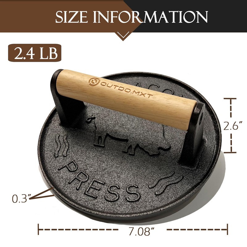 OUTDO.MXT Cast Iron 7" Smash Burger Press,Heavy Duty 2.5lb Burger