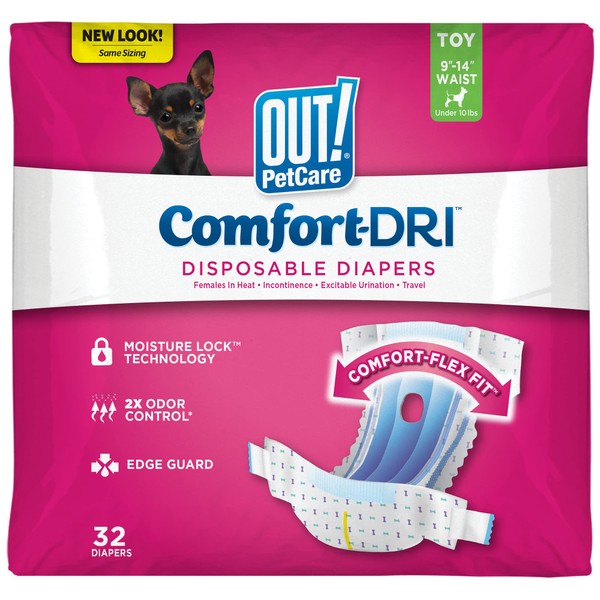 OUT! Pet Care Disposable Female Dog Diapers | Absorbent with Leak Proof Fit | Toy, 32 Count