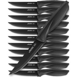Home Hero Steak Knives Set of 12 - High-Carbon Stainless Steel Blades - Razor-Sharp Serrated Knives - Black Ergonomic Handles - 12 Pcs, Black