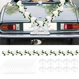 Wedding Car Decoration, Pack of 2 1.6 m Organza and 9 Pieces 12 cm Rose Wedding Decoration, Car Bonnet Decoration, Flowers Garland for Wedding Car Decoration, White