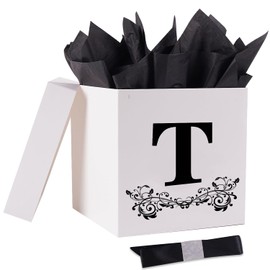 Jaywayang Letter Gift Box with Lid, Ribbon and Warpping Tissue, 8.7" White and Black Gift Box for Men Women Birthday, Baby Shower, Anniversary, Wedding Party Favor Christmas Decorative (Medium Letter T)