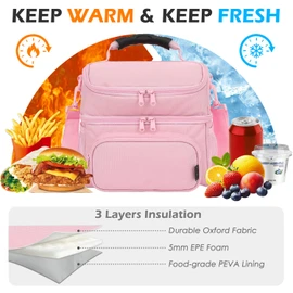 FlowFly - Bolsa de almuerzo con aislamiento de doble capa para adultos, bolsa grande para hombres y mujeres, con correa ajustable, bolsillo frontal y bolsillos laterales de malla grandes, color rosa