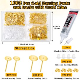 Evatage Jewelry Glue with 1002Pcs Stainless Steel Earring Posts and Backs, Gold Stud Posts with Butterfly and Rubber Bullet Earring Backs for Jewelry Making Supplies Kit