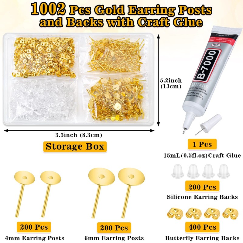 Evatage Jewelry Glue with 1002Pcs Stainless Steel Earring Posts and