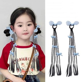 nalaina 2枚入 子供 ヘアエクステ 三つ編み エクステ 青いリボン 蝶結び 編み込み ウィッグ ハロウィン コスチューム キッズ ダンス キッズ 髪 付け毛 キッズ キッズ エクステ 髪の毛 付け髪 髪飾り へアアクセサリ 装着 簡単 2本セット