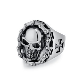 Raymard Skull Rings for Men - Punk Skeleton Biker Rings for Men - Premium Stainless Steel - Biker Chain - Silver - Size 7