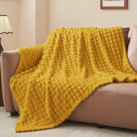 BEDELITE Mustard Yellow Throw Blanket for Couch and Bed- Super Soft and Warm 3D Checkered Fluffy Fuzzy Fleece Blanket, Luxurious Plush Cozy Blanket for Room Decor Spring, 50x60 inches
