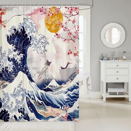 jejeloiu Japanese Crane Shower Curtain Mount Fuji Fabric Shower Curtain for Kids Boys Girls Cherry Blossoms Bathroom Waterproof Accessories with 12 Hooks Sakura Flowers Curtains,72x84 Inches