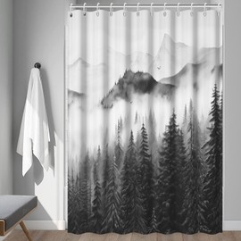 Ruelvth Black and White Shower Curtain, Abstract Misty Forest Shower Curtain Set for Mens Bathroom Waterproof Mountain Pine Tree Bathroom Decor with Hooks, 72x72 Inch
