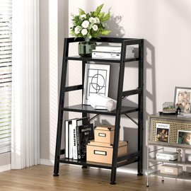 3-Tier Bookshelf, Ladder Shelf, Stand up Shelves, Industrial Bookcase with Steel Frame, Metal Small Bookcase, for Living Room, Home Office, Kitchen, Bedroom, Industrial Style（Black）