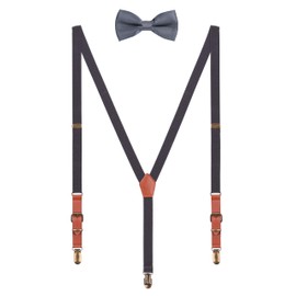 WANYING Men's 2 cm Braces Bow Tie Sets – PU Leather 3 Retro Brass-like Clips Y Shape Braces Elastic Adjustable for Height 140-190 cm, Dark grey with bow tie