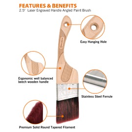 ROLLINGDOG 2 1/2 Inch (63.5mm) Angular Paint Brush with Ergonomic Well Balanced Claw Shaped Beech Wooden Handle, Easy Clean Premium Synthetic Filaments, Perfect for Cutting in and Other Detail Work