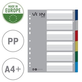 VON Leitz 13050000 Pack of 10 6-Piece A4 Dividers Blank Dividers for Folders, Polypropylene, Extra Wide, 11-Hole Universal Index for Loose Leaf Folders and Ring Binders, Multicoloured