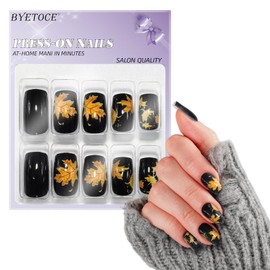 Short Square Press on Nails Fall Fake Nails Glossy Black False Nails Autumn Glitter Orange Maple Leaves Designs Full Cover Glue on Nails Artificial Stick on Nails for Women Manicure 24 PCS