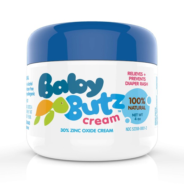 Baby Butz Diaper Rash Cream, 100% Natural Zinc Oxide Maximum Strength Butt Paste, Barrier Baby Cream to Help, Relieve & Prevent Diaper Rash, Hypoallergenic, Ointment for Newborns, Infants- 4oz