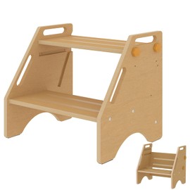 Toddler Step Stool, Wooden Height-Adjustable 2 Step Stool for Kids, 2 in 1 Potty Training Stool with Safety Handles Non-Slip Pads for Bathroom Sink, Kitchen, Bedroom (Natural)