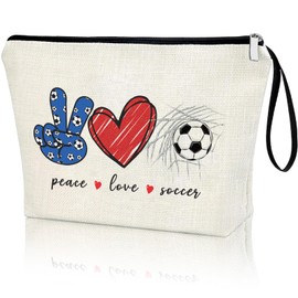 Virfuntaki Soccer Gifts for Her Soccer Zipper Makeup Bag Soccer Coach Gifts Soccer Team Gifts Soccer Girl Mom Player Gifts Football Lovers Fans Birthday Gifts for Women Girl PEACE LOVE SOCCER, White