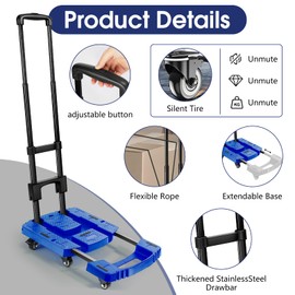 Voipvvii Folding Hand Truck 500lbs, Portable Heavy Duty Dolly Cart, 6 Wheels Collapsible Luggage Cart with 2 Elastic Ropes - Compact Trolley Cart for Easy Moving - Ideal Hand Cart for Travel and More
