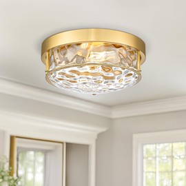 Cargifak Polished Gold 12" Ceiling Fixture – Hammered Glass, Farmhouse-Inspired Flush Mount for Bedroom, Living Room, or Dining Area - CKCL4822-2W-HGPG