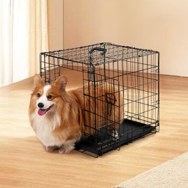 30-Inch Folding Metal Wire Dog Crate, Durable, Foldable, Collapsible Double Door Dog Crate with Removable Leak-Proof Pan, Portable Dogs Crate with Divider, Black