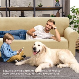 XINEAGE 2025 New 1 Piece Couch Covers for 2 Cushion (55"-69") Stretch Loveseat Sofa Cover Slipcover Jacquard Universal Furniture Protector with Elastic Bottom for Kids,Dog (Loveseat, Beige)