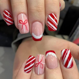 Christmas Press on Nails Square Medium Fake Nails with Red Bow Design Glossy French Tip Nails Press ons Striped Glue on Nails Winter Xmas Holiday Acrylic Nails for Women Manicure 24Pcs