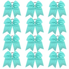 Umibow 12 Pcs Glitter Cheer Hair Bows 7 Inch Rhinestones Large Cheer Hair Bows Grosgrain Ribbon Ponytail Holder Hair Accessories for Teen Girls Cheerleader