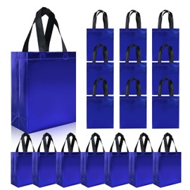 cabzymx 18 pcs Glossy Blue Reusable Gift Bags, 8 x 3.9 x 9.8 In Goodie Bags Bulk with Sturdy Base, Non-woven Holiday Gift Bags for Birthday, Wedding, Party, Easter