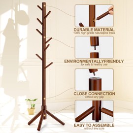 Freyawin Solid Wooden Coat Rack Freestanding, New Zealand Pine Coat Tree with 8 Hooks & 3 Adjustable Sizes for Coats, Hats, Handbags and Scarves, Space Saving for Entryway/Office/Bedroom (Brown)