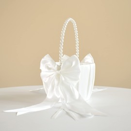 ATAILOVE Wedding Flower Girl Basket with Cute Pearl Handle Bowknot Satin Flower Baskets for Wedding Ceremony - Ivory