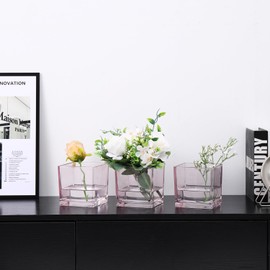 MARTAGE Square Glass Vases Set of 9, 5" x 5" x 5" Pink Flower Vases for Centerpieces, Square Vase for Flowers, Small Vase for Wedding, Party, Home Office Decoration