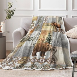 Rustic Throw Blankets GIFS,Bear Deer elk Moose Green Forest Woodland Fleece Blanket, Adventure Life Cabin Farmhouse Decorative Tree Soft Cozy Travel Throws, Lightweight and Warm Blankets