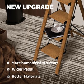 BEFITMACE 4 Step Ladder,Lightweight Folding Step Stool with Aluminum Wide Pedal& Convenient Handgrip,330lbs Capacity Steel Ladder for Household and Office(Woodgrain)