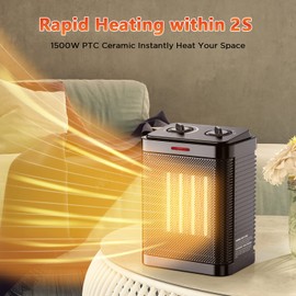 Space Heater for Indoor Use, 1500W Portable Electric Ceramic Heater, Small Space Heater with Thermostat, 2S Fast Heating, Overheating & Tip-Over Protection, Office, Home