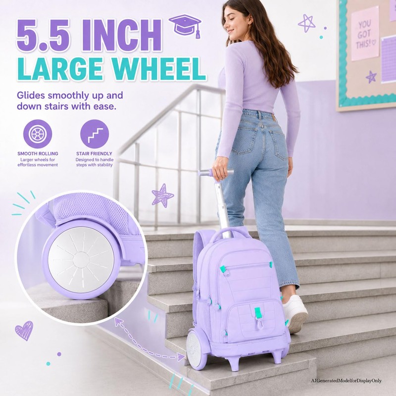 CCJPX 3Pcs Women & Girls Rolling Backpack with Bigger Wheels,