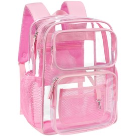 PACKISM Pink Clear Backpack for School - 17 inch Large Heavy Duty Clear Bookbag for Girls, See Through PVC Transparent Backpacks with 2 Front Pockets for College Work, Light Pink (for age 12 above)
