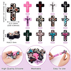 Boutigem 12Pcs Cross Silicone Beads Jesus Faith Cross Silicone Focal Beads Colorful Leopard Printed Rubber Religious Crucifix Loose Spacer Beads for Beadable Pens Bracelets Keychain Jewelry Making