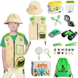 AMFUN 25PCS Outdoor Explorer Kit for Kids, Kids Binoculars Set, Outdoor Exploration Set Bug Hunting Costume Hat Vest, Children Outdoor Educational Kit, for Kids Science Nature Exploration Toys