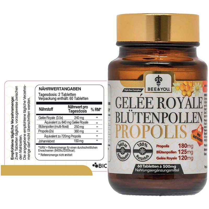 Bee&You Propolis, Royal Jelly, Flower Pollen Tablets 500 mg -