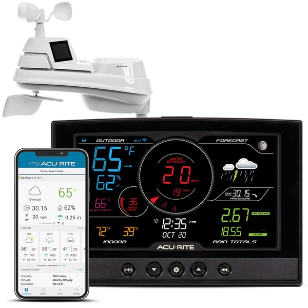 AcuRite Iris (5-in-1) Home Weather Station with Direct-to-Wi-Fi Wireless Display and Alerts for Remote Monitoring Indoor/Outdoor Temperature and Humidity with Wind Speed/Direction (01544M)
