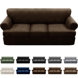 Pfrstuv 4-Piece T Couch Cover - Leather Look Slipcovers for 3 Cushion Sofa, Washable, Coffee