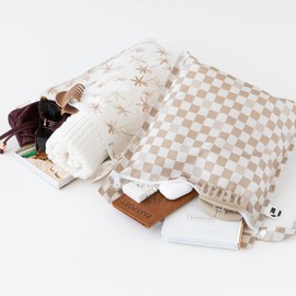 Roamio Waterproof Wet Bag for Travel, Swim Suit, Pool, Beach, Gym Clothes, Toiletry, Cloth Diapers, Pump Parts, Baby, Hook to Stroller, Daycare, Zip Reusable Wetdry Pack, 2-pk Palm Trees, Beige Check