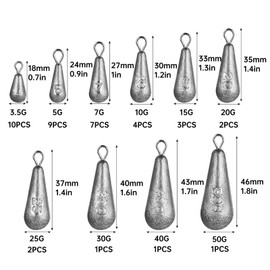 Tkxjry Fishing Pear Lead Set, Weights Fishing Sinker, 10 Sizes Drop Shape Fishing Weights 3.5g 5g 7g 10g 15g 20g 25g 30g 40g 50g Fishing Lead Sinker Lead Weights Base Lead for Outdoor Fishing