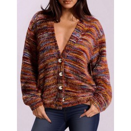 PRETTYGARDEN Womens Cardigan Sweaters 2025 Fall Striped Long Sleeve V Neck Button Down Knit Fuzzy Outerwear Trendy Clothes (Burnt Orange,Large)